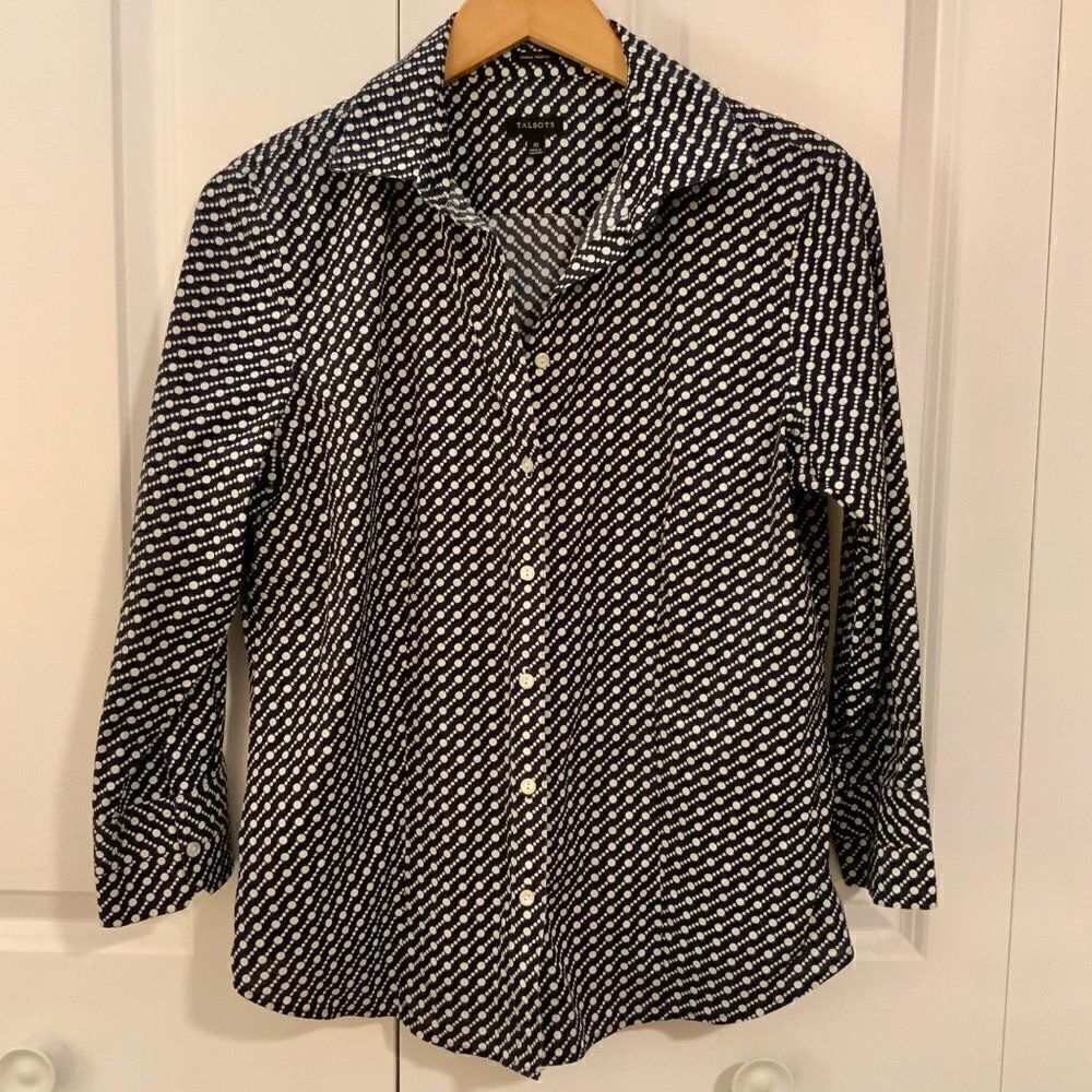 Talbots Navy Blue White Circle Print Wrinkle Resistant Collared Shirt Size 10